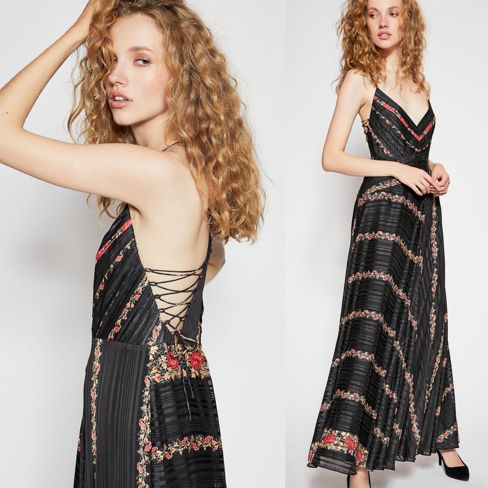 Free People Bella Maxi Dress, Black with metallic silver, size 4, NWT